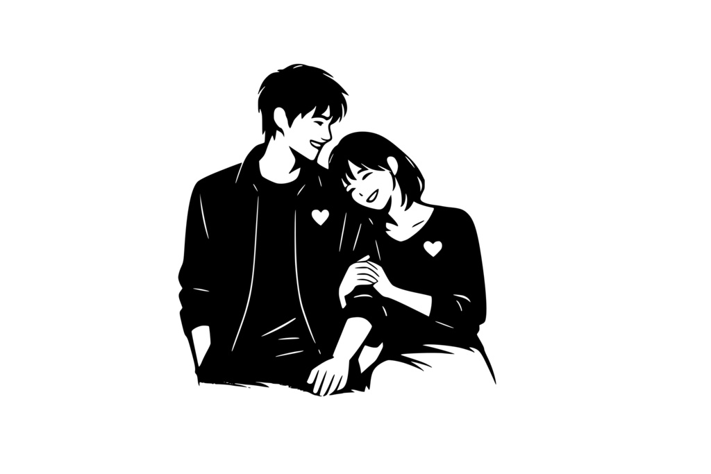 女性が男性の腕に軽くもたれる姿_ロゴ