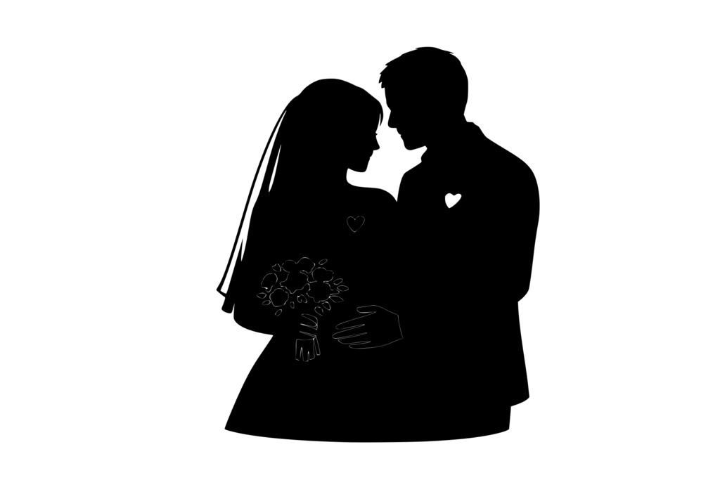 ブーケを持った新婦にそっと腰に手を添える新郎_ロゴ