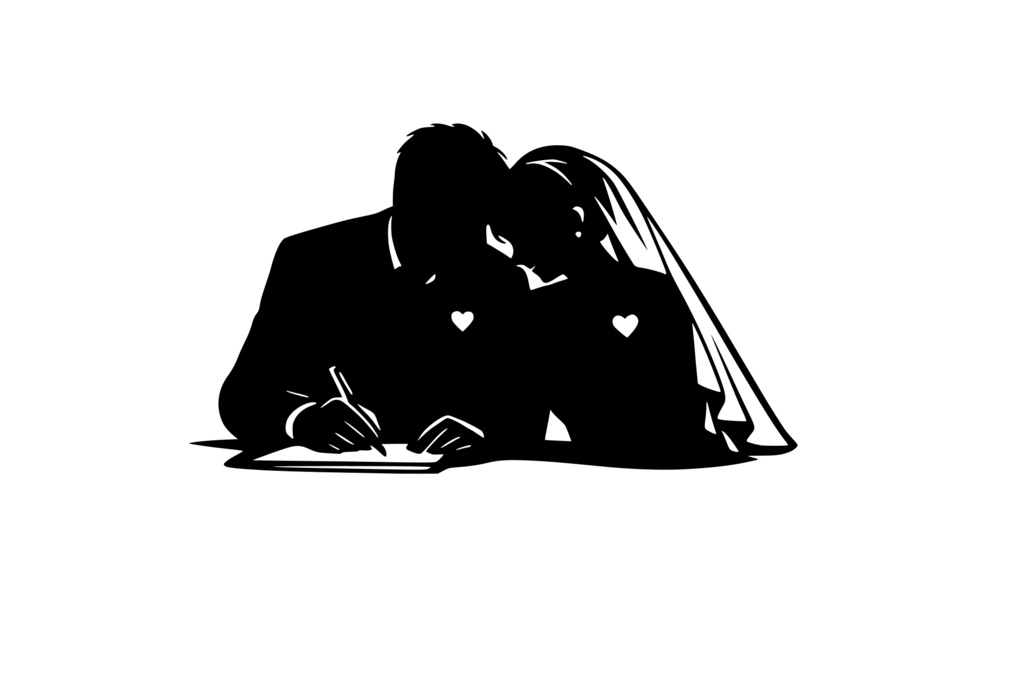 結婚証明書にサインする男女_ロゴ