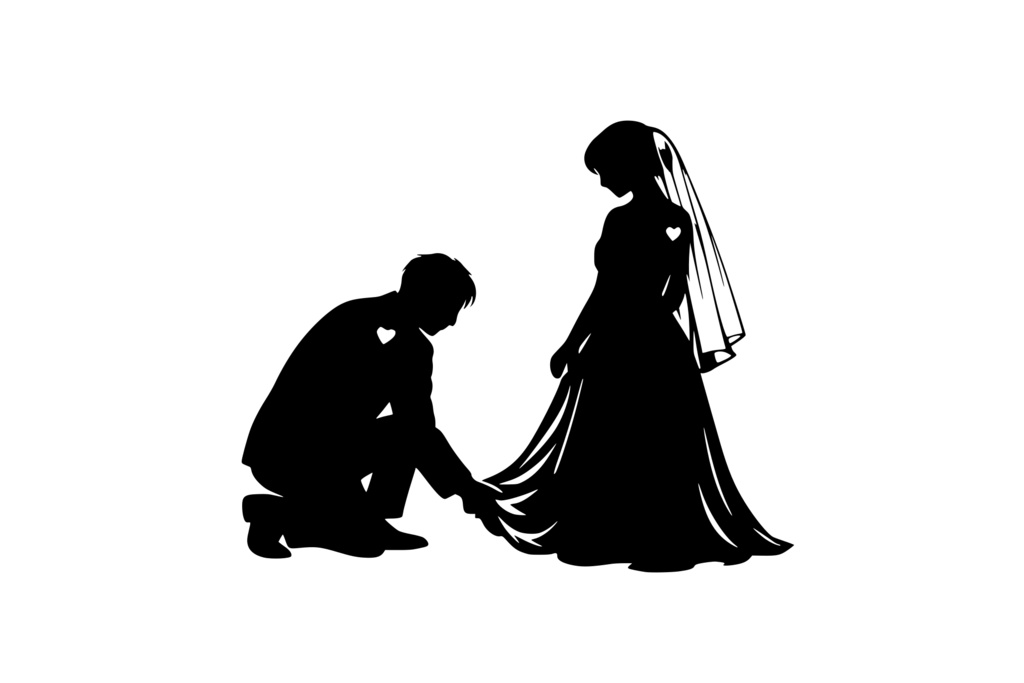新婦のドレスの裾をそっと整える新郎_ロゴ①