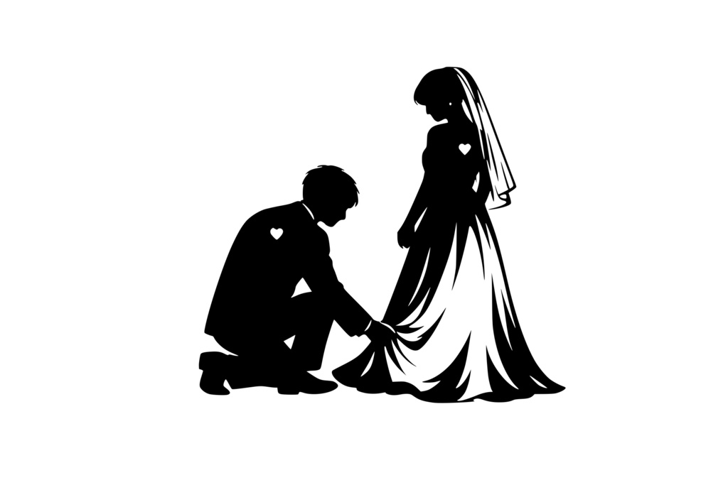 新婦のドレスの裾をそっと整える新郎_ロゴ②