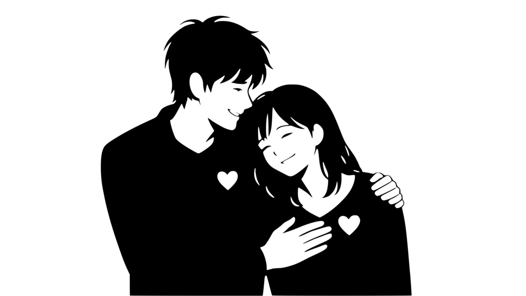 肩にもたれかかって肩を抱く男女_ロゴ