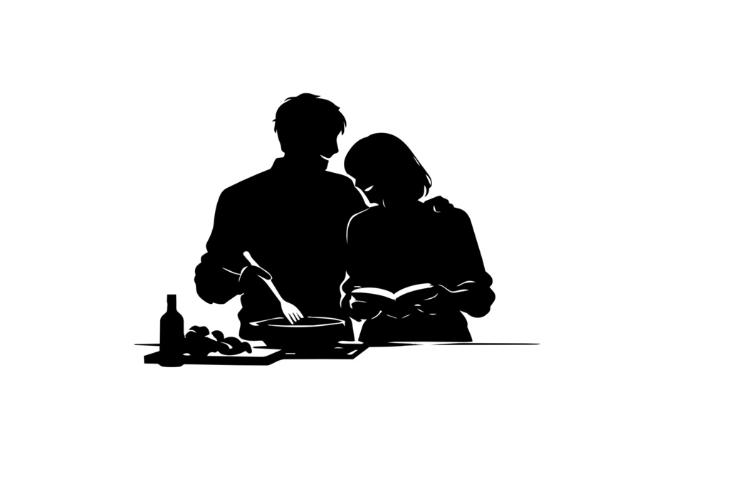 料理をする男女_シルエットロゴ