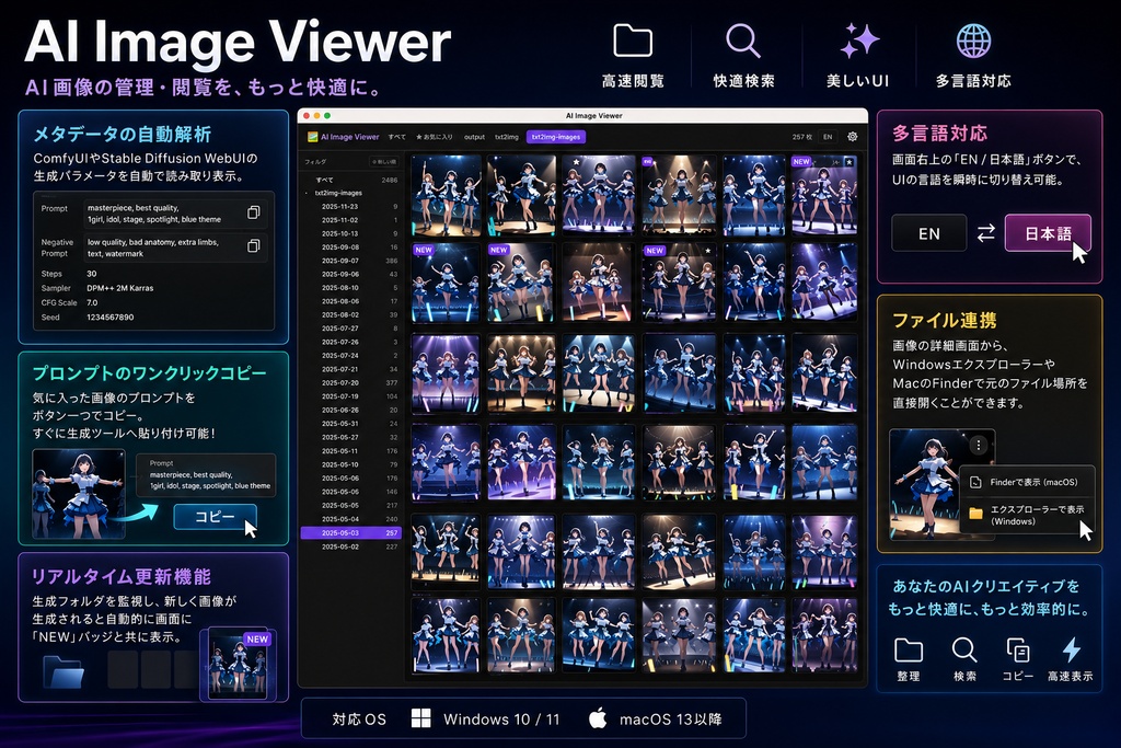 【無料体験版あり】AI画像管理・閲覧ビューワー AI Image Viewer（プロンプト1クリックコピー / メタデータ表示 / タブ管理 / Stable Diffusion・ComfyUI対応）