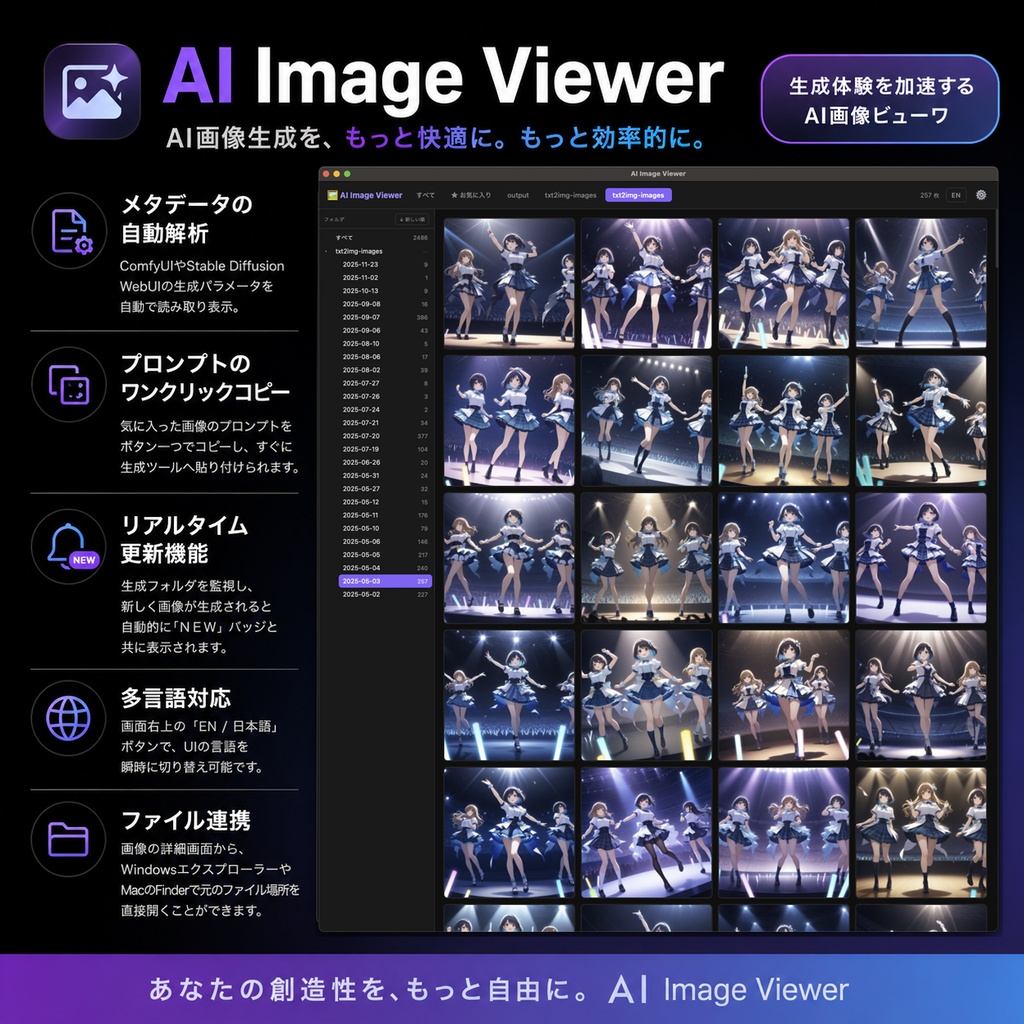 【無料体験版あり】AI画像管理・閲覧ビューワー AI Image Viewer（プロンプト1クリックコピー / メタデータ表示 / タブ管理 / Stable Diffusion・ComfyUI対応）
