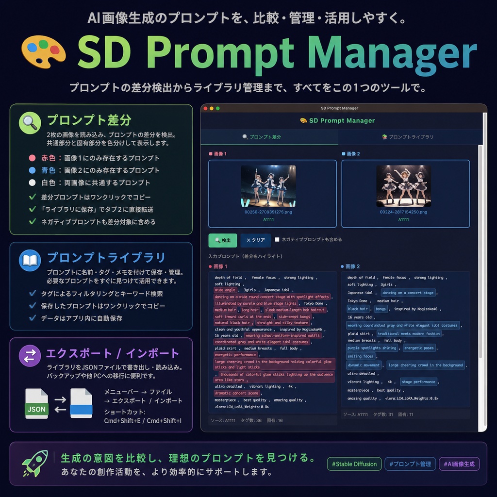 【赤・青・白で差分を可視化】プロンプト色分け比較＆抽出ツール「SD Prompt Manager」