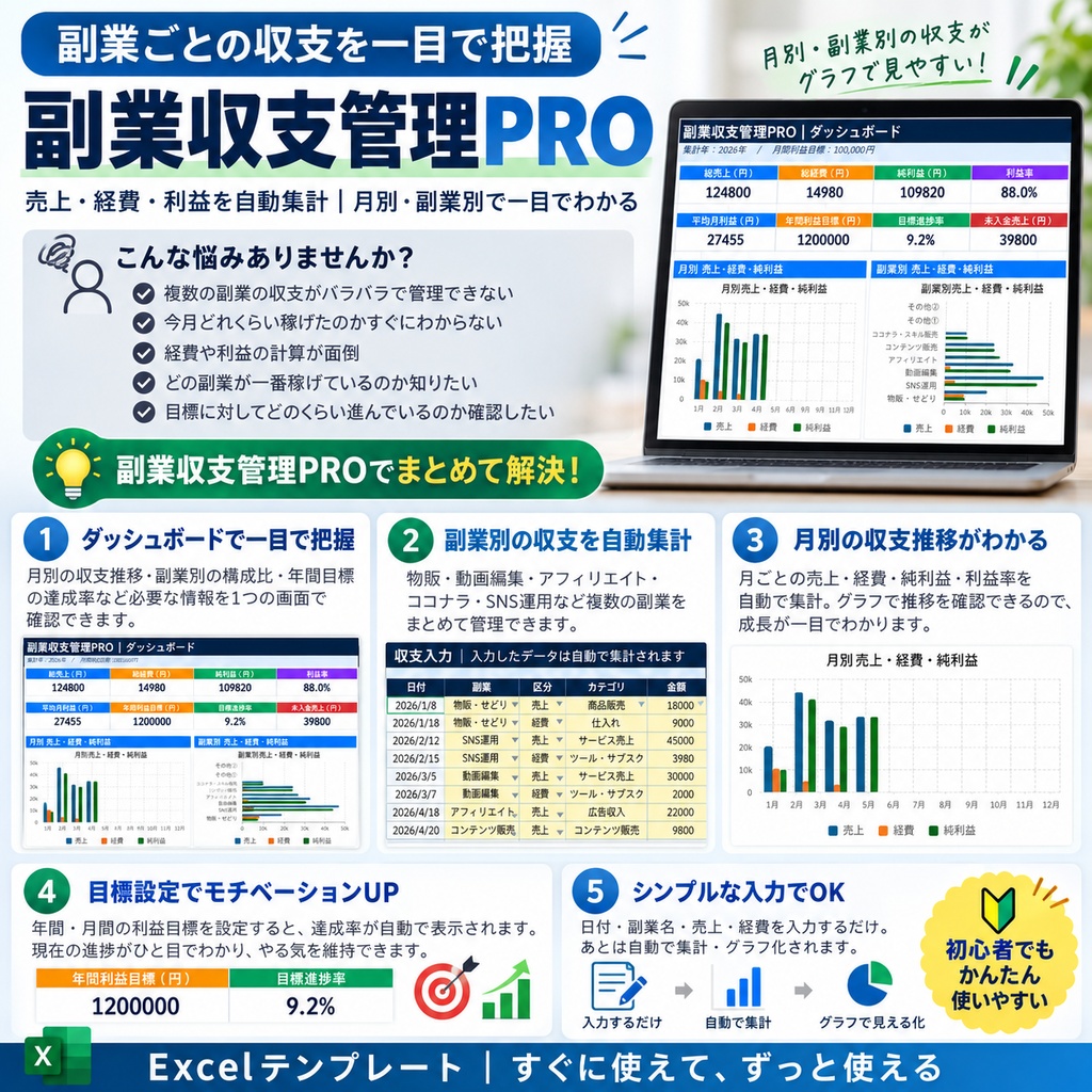 副業収支管理PRO|複数の副業の売上・経費・利益をまとめて管理