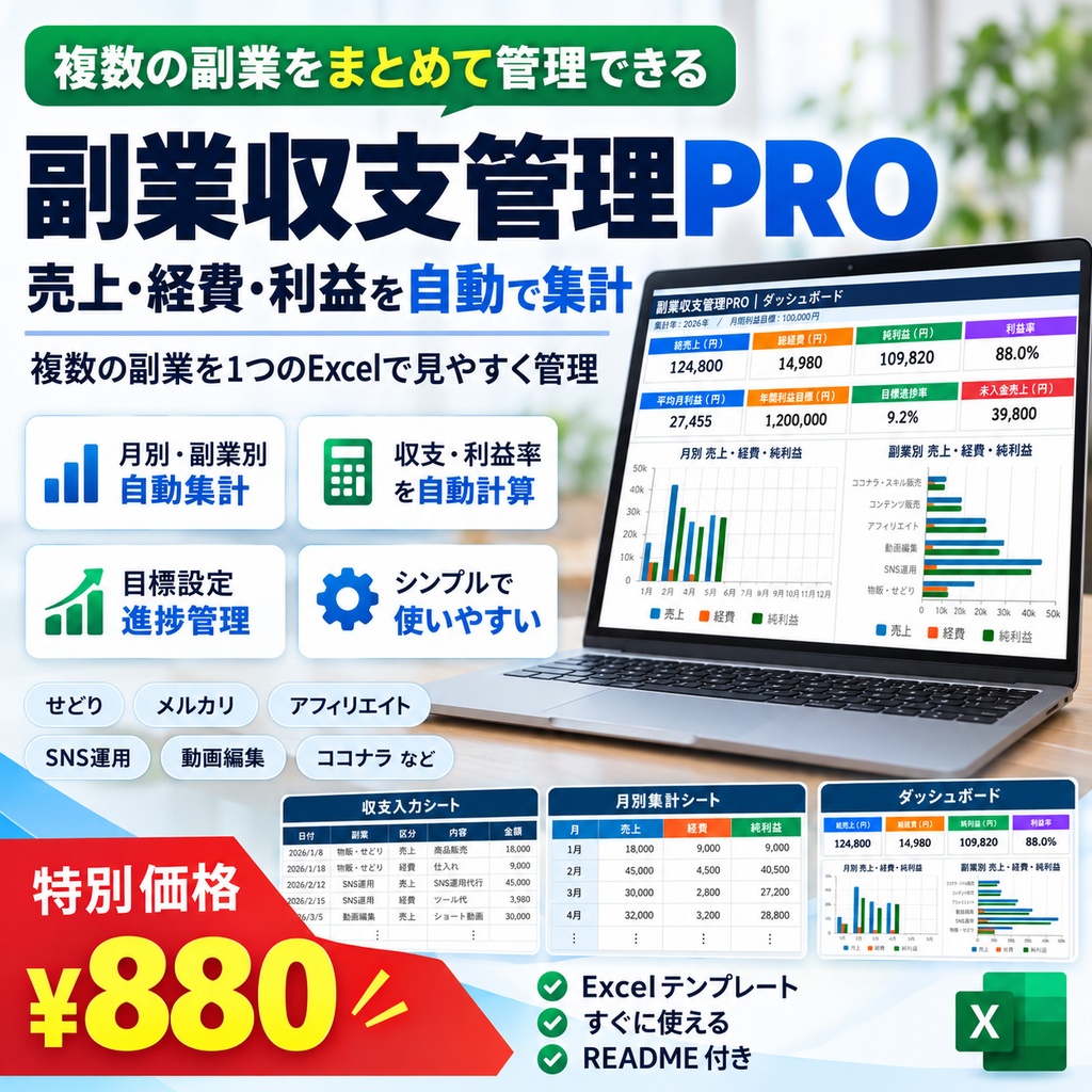     副業収支管理PRO｜複数の副業の売上・経費・利益をまとめて管理