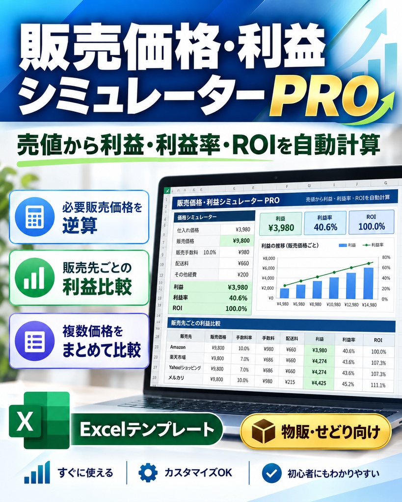 販売価格・利益シミュレーターPRO｜売値から利益・利益率・ROIを自動計算【物販・せどり向けExcel】