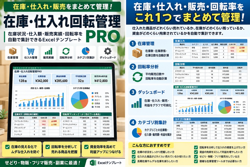 在庫・仕入れ回転管理PRO｜長期在庫・在庫原価・回転日数を自動管理【せどり・物販向けExcel】
