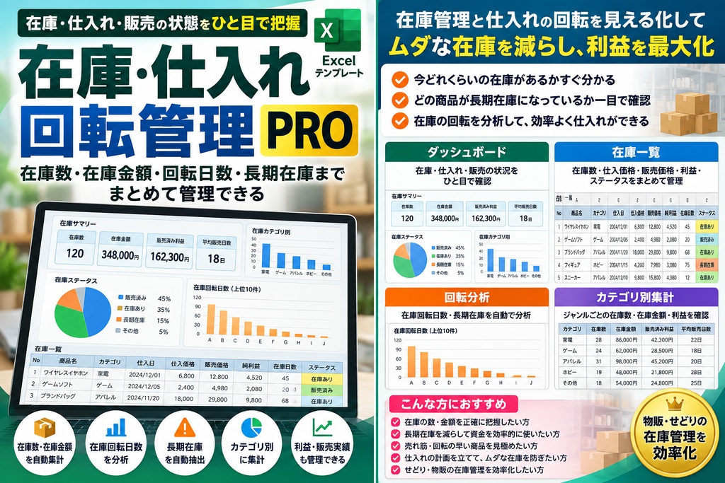 在庫・仕入れ回転管理PRO|長期在庫・在庫原価・回転日数を自動管理【せどり・物販向けExcel】