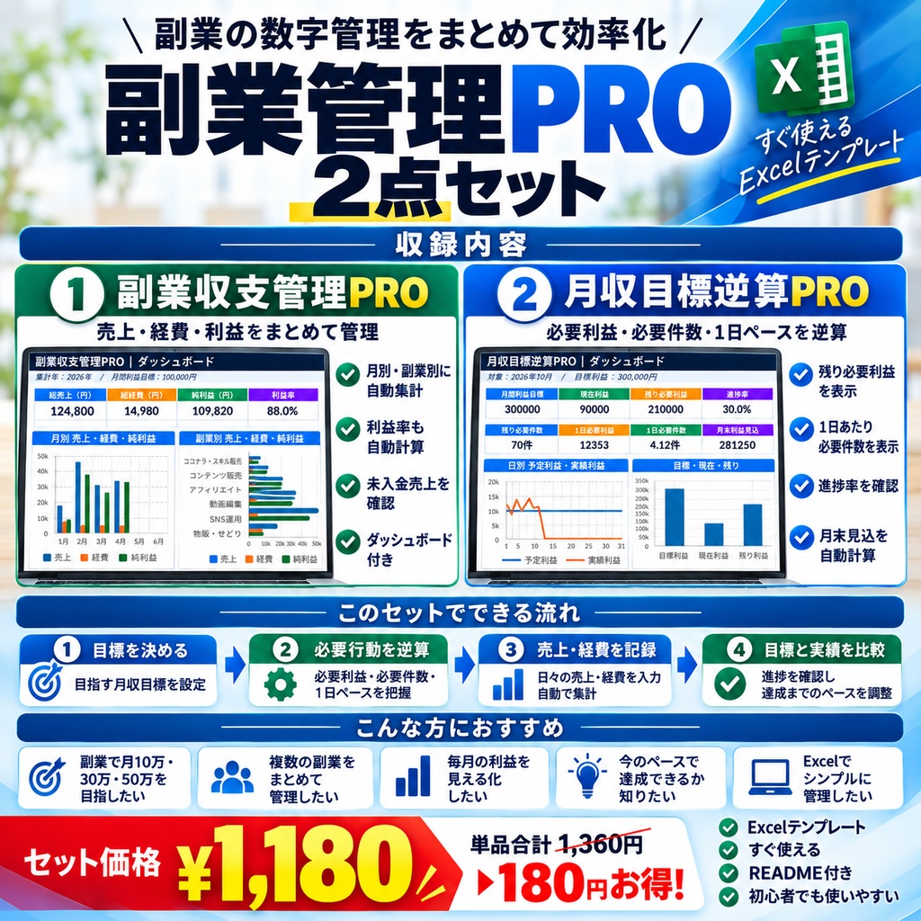 副業管理PRO 2点セット|収支管理+月収目標逆算をまとめて効率化【Excel】