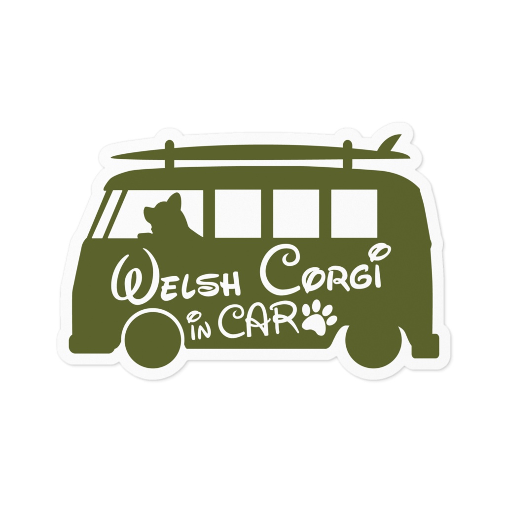 【プリントステッカー】WelshCorgi in CAR　オリーブグリーン