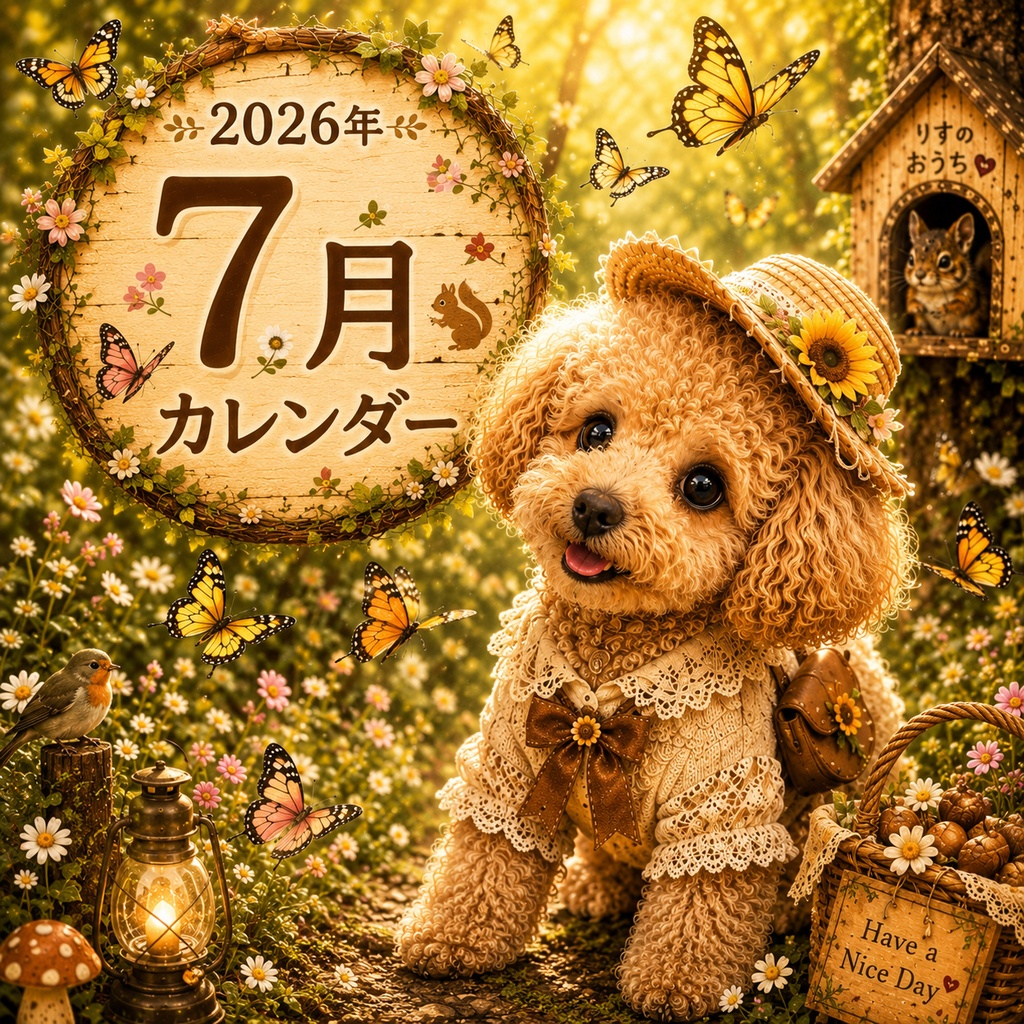 2026年7月カレンダー待受|トイプードルのおさんぽカレンダー|スマホ壁紙