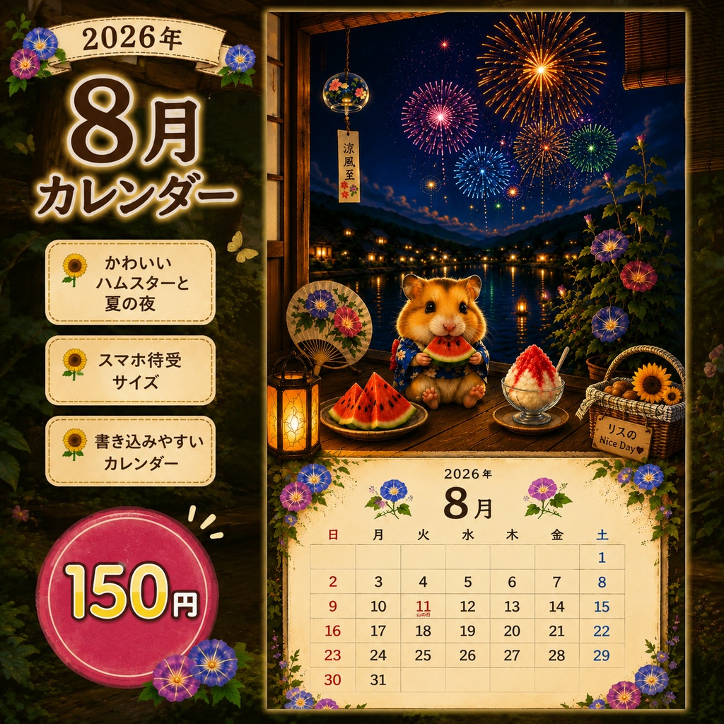 2026年8月カレンダー待受｜スマホ壁紙