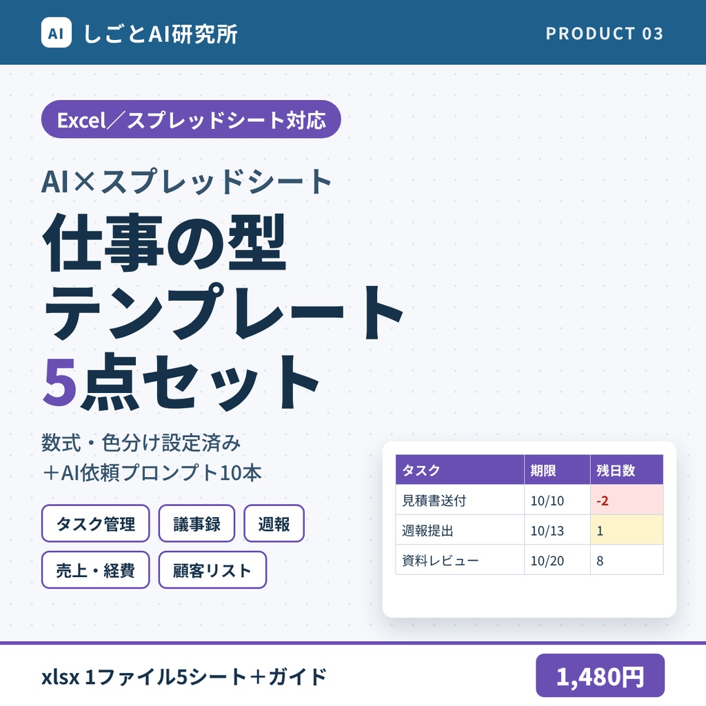 AI×スプレッドシート 仕事の型テンプレート5点セット｜タスク・議事録・週報・売上経費・顧客リスト（Excel／Googleスプレッドシート対応）