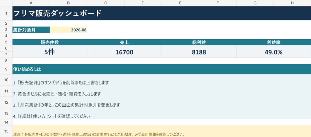 フリマ販売利益管理表|手数料・送料込みの利益を自動計算するExcelテンプレート