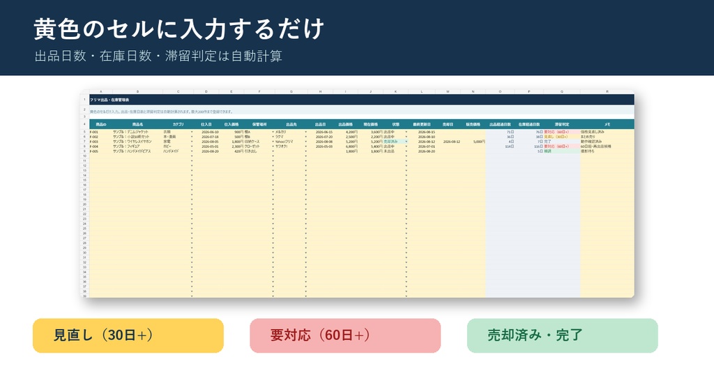 フリマ出品・在庫管理表|出品中・売却済み・滞留を自動集計【Excel】