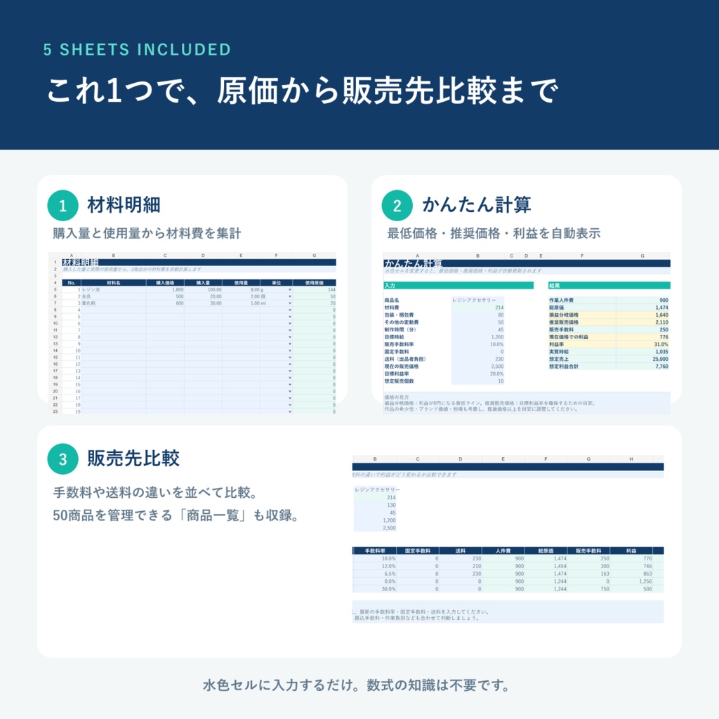 ハンドメイド原価・利益計算表|材料費・作業時間・手数料から適正価格を自動計算【Excel】