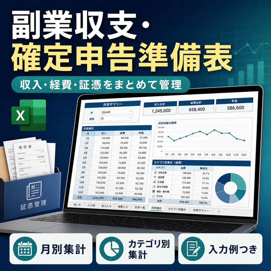 副業収支・確定申告準備表|収入・経費・証憑を月別・カテゴリ別に自動集計【Excel】