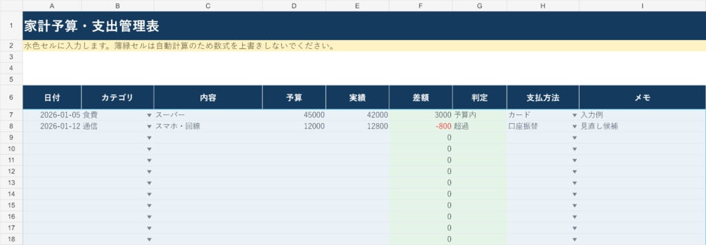 家計予算・支出管理表|Excel版