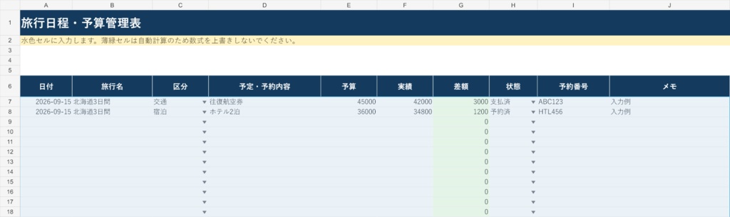 旅行日程・予算管理表|Excel版