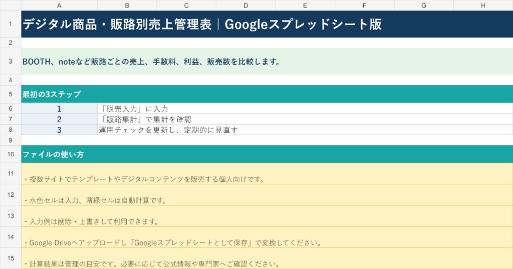 デジタル商品・販路別売上管理表｜Googleスプレッドシート