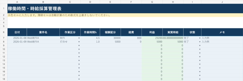 稼働時間・時給採算管理表|Googleスプレッドシート版