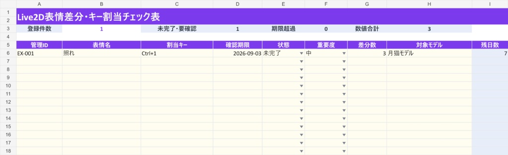 Live2D表情差分・キー割当チェック表
