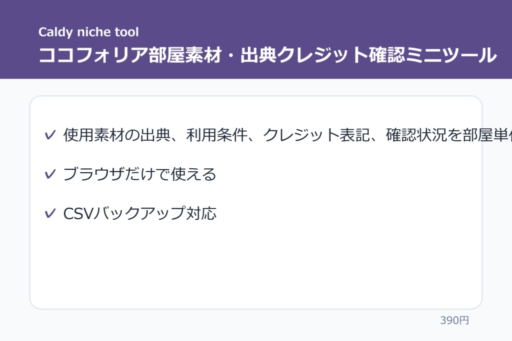 ココフォリア部屋素材・出典クレジット確認ミニツール