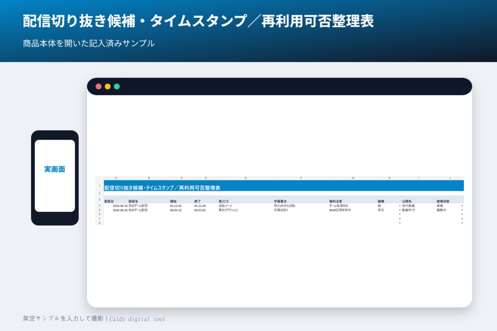 配信切り抜き候補・タイムスタンプ／再利用可否整理表