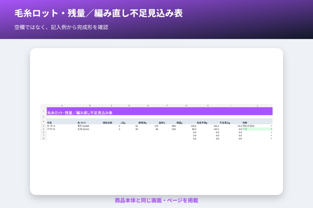 毛糸ロット・残量/編み直し不足見込み表
