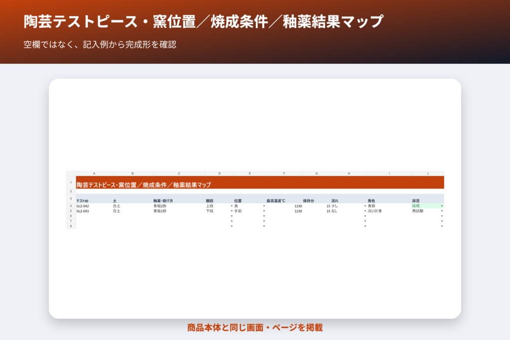 陶芸テストピース・窯位置/焼成条件/釉薬結果マップ