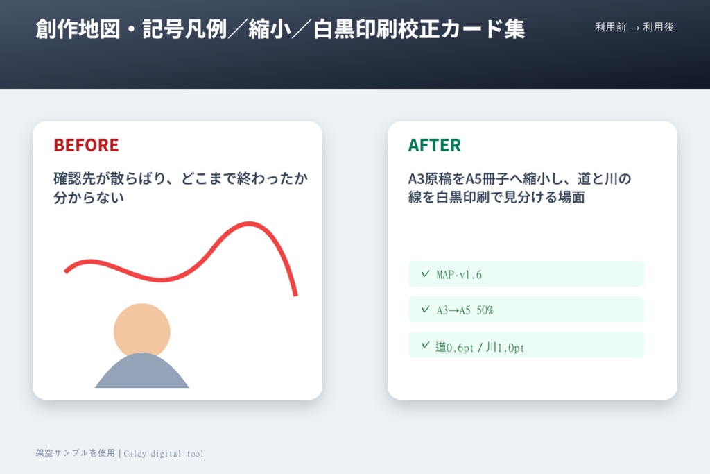 創作地図・記号凡例/縮小/白黒印刷校正カード集