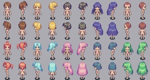 【ドット絵素材】8方向 キャラチップ 髪型10種類 64x48px