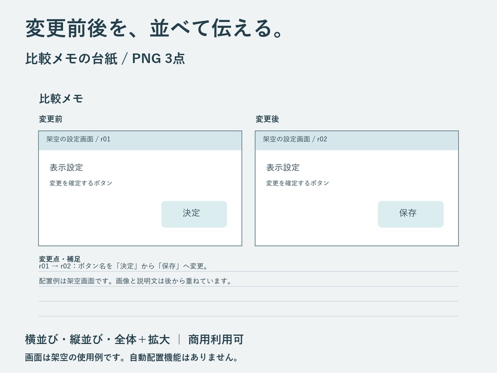 比較メモの台紙｜変更前後・全体と拡大を並べるPNG3点