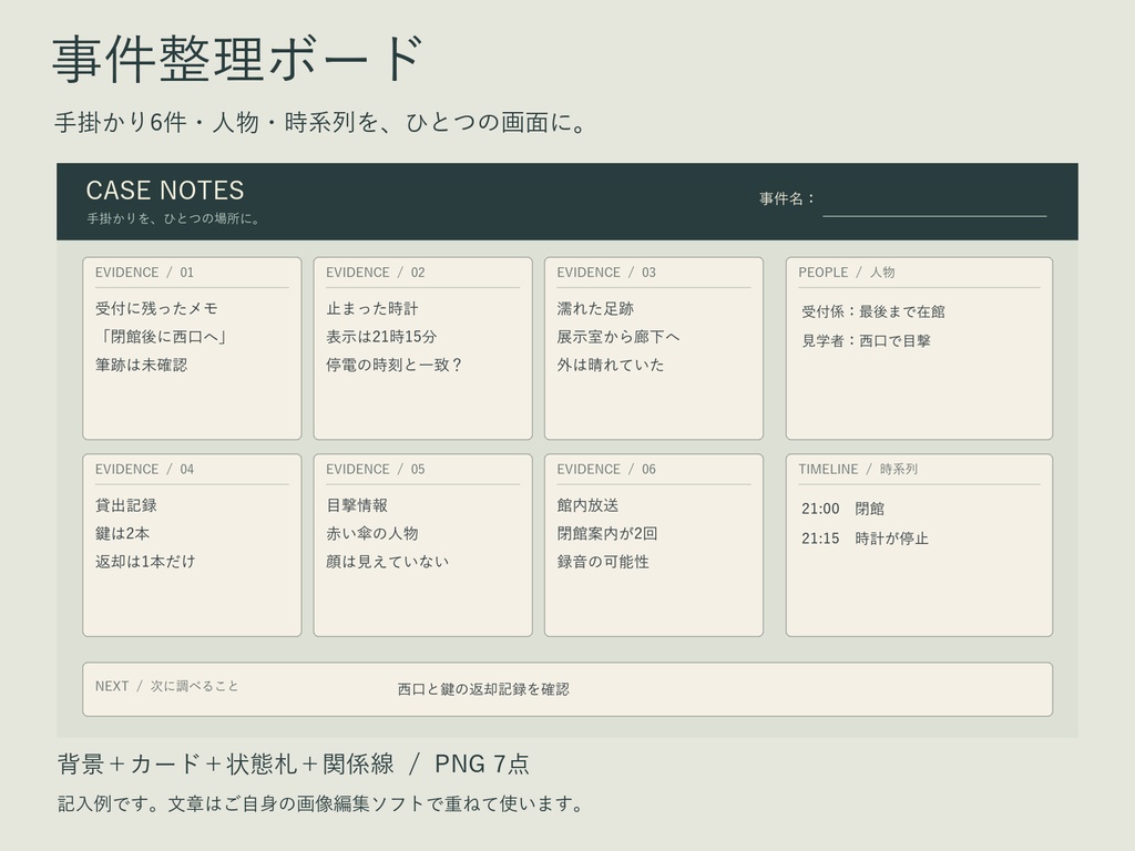 事件整理ボード｜手掛かり6件・人物・時系列を並べるPNG素材