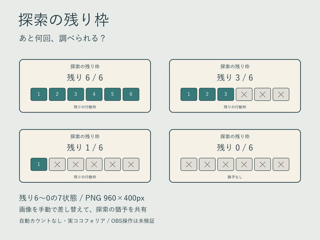 探索の残り枠｜残り6〜0を共有するPNG素材7枚