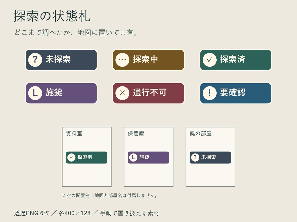探索の状態札｜未探索・探索済・施錠など透過PNG6枚