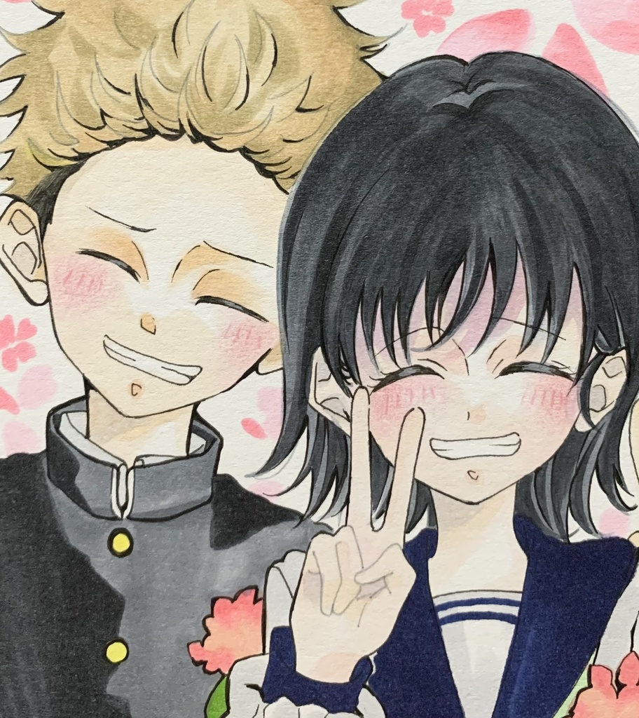 正反対な君と僕 手描きイラスト 色紙 山田と西さん