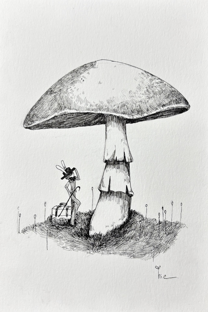 【ペン画】きのこの住人_01【ハガキサイズ】