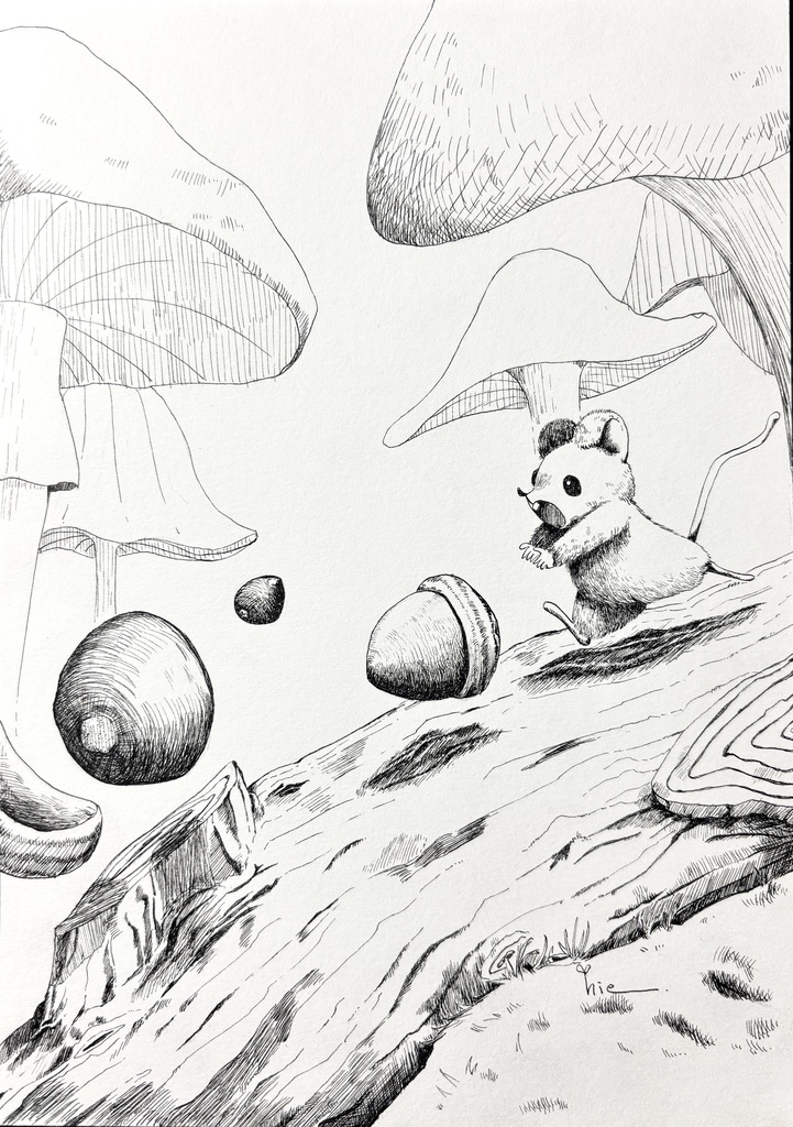 【ペン画】転がるどんぐり!?【A5サイズ】