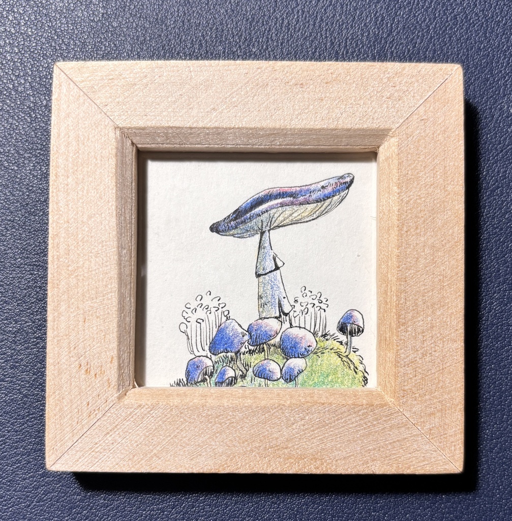【ミニ原画】群生：青きのこ【額付き】