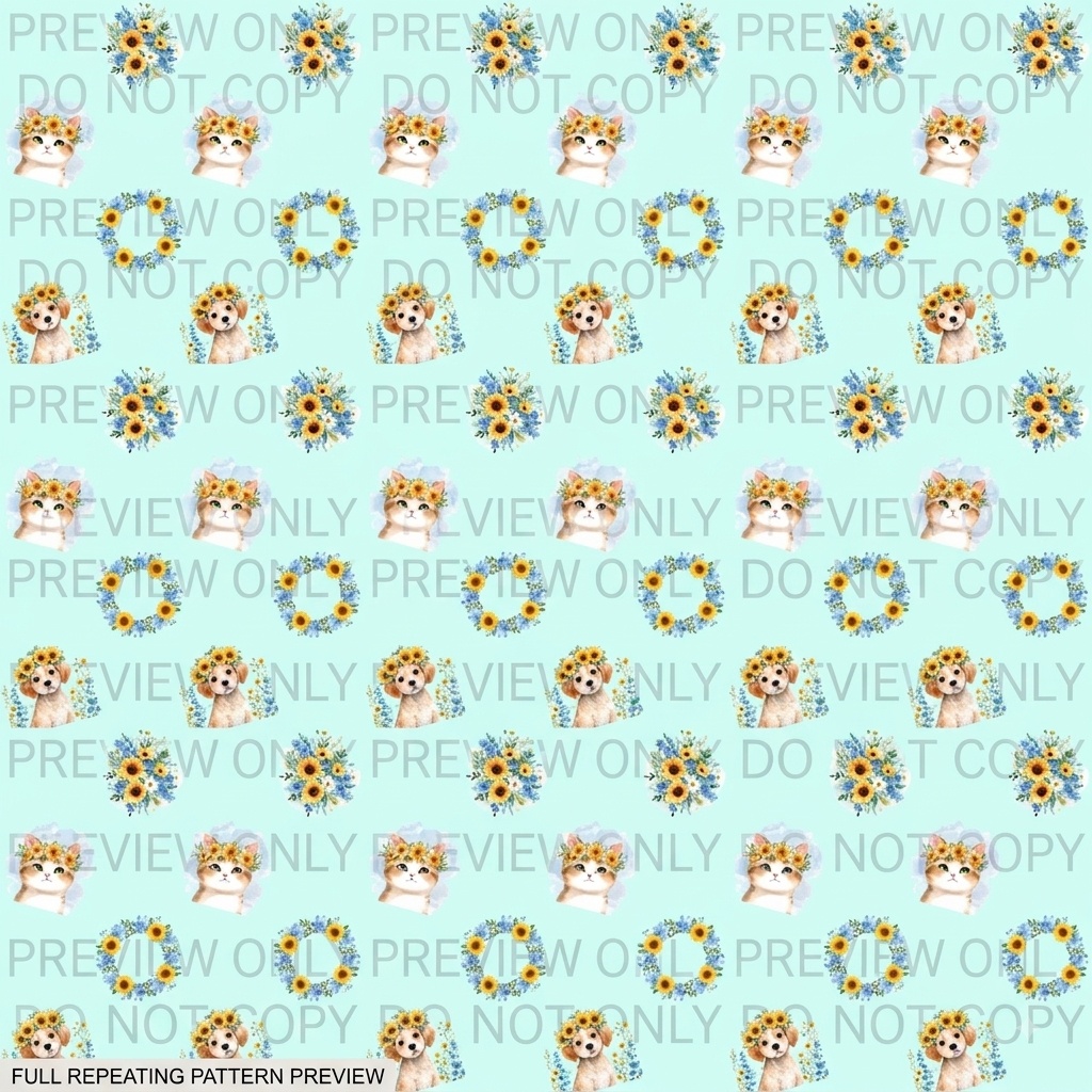 ひまわり花冠のねこ&いぬ 背景(シームレス)