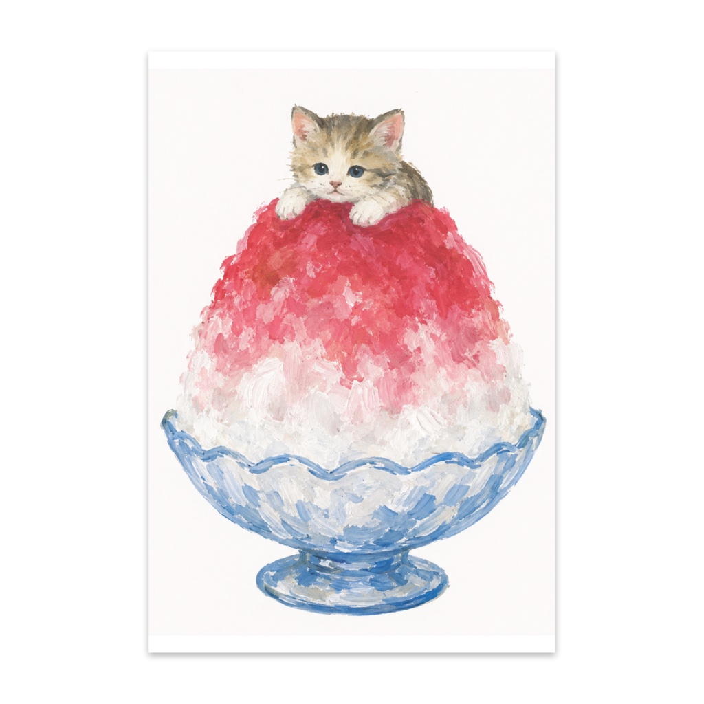 かき氷の上で涼しむ子猫