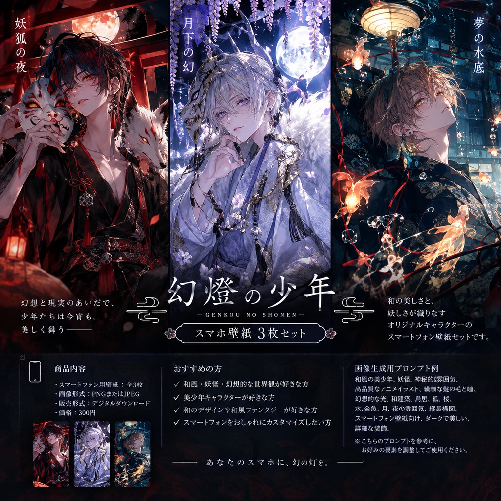 幻燈の少年 — GENKOU NO SHONEN —｜和風・妖怪系 男性アニメスマホ壁紙 3枚セット