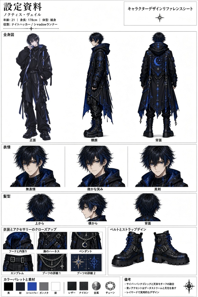【オリジナル男性立ち絵】黒×蒼のゴシック系男子|全身イラスト・PNG素材・デフォルメキャラ付き