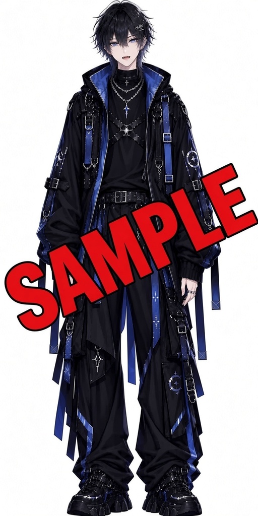 【オリジナル男性立ち絵】黒×蒼のゴシック系男子｜全身イラスト・PNG素材・デフォルメキャラ付き