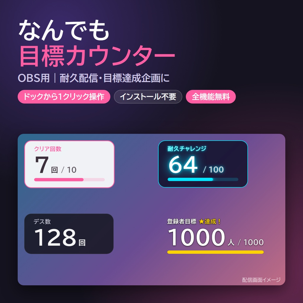 【無料】OBS なんでも目標カウンター｜ドックからワンクリック操作・耐久配信／目標企画に