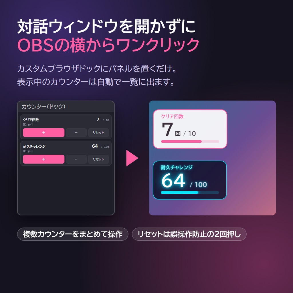 【無料】OBS なんでも目標カウンター|ドックからワンクリック操作・耐久配信/目標企画に